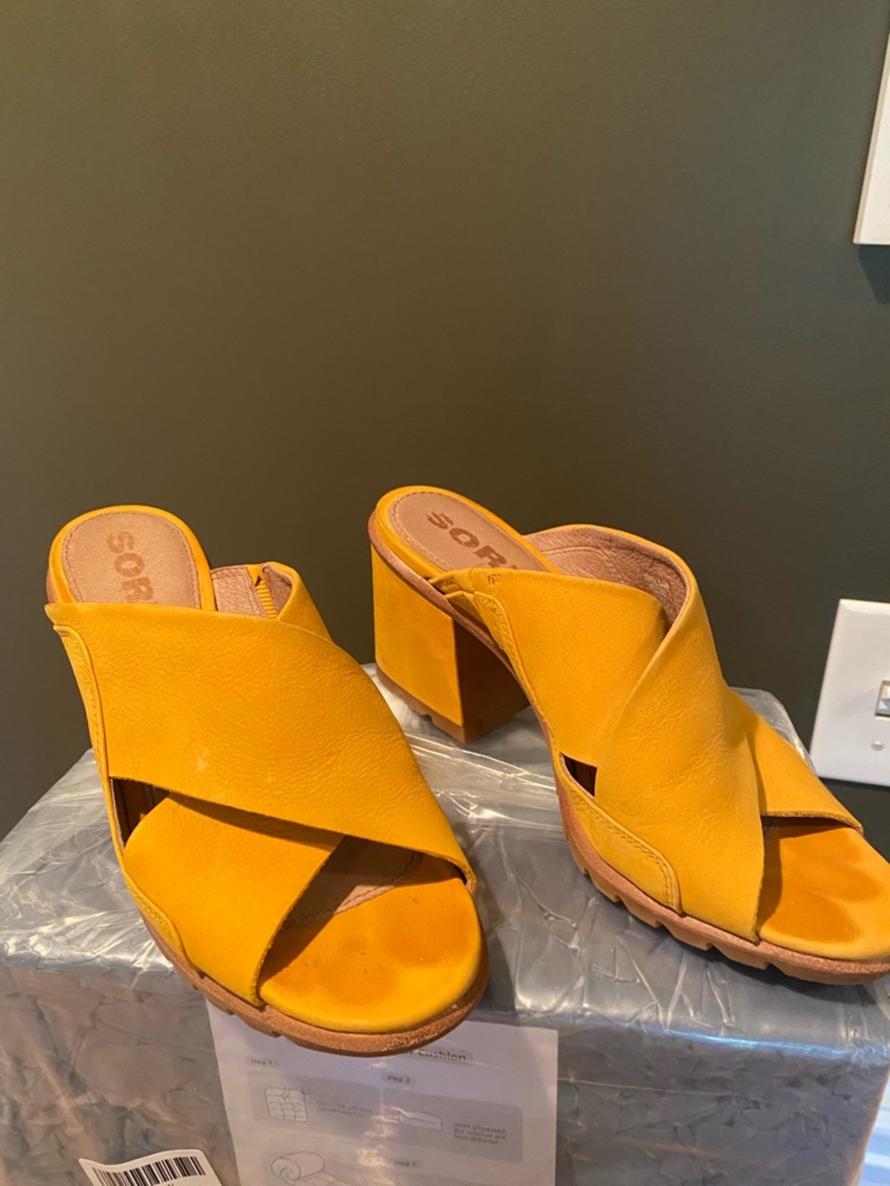 Sorel Mustard Yellow Crisscross Block Heel Sandals